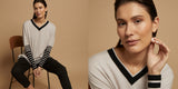 Women's Clothing Australia Online - Model Pictured wearing Ferro V Neck Merino Jumper in Beige/Black Stripe