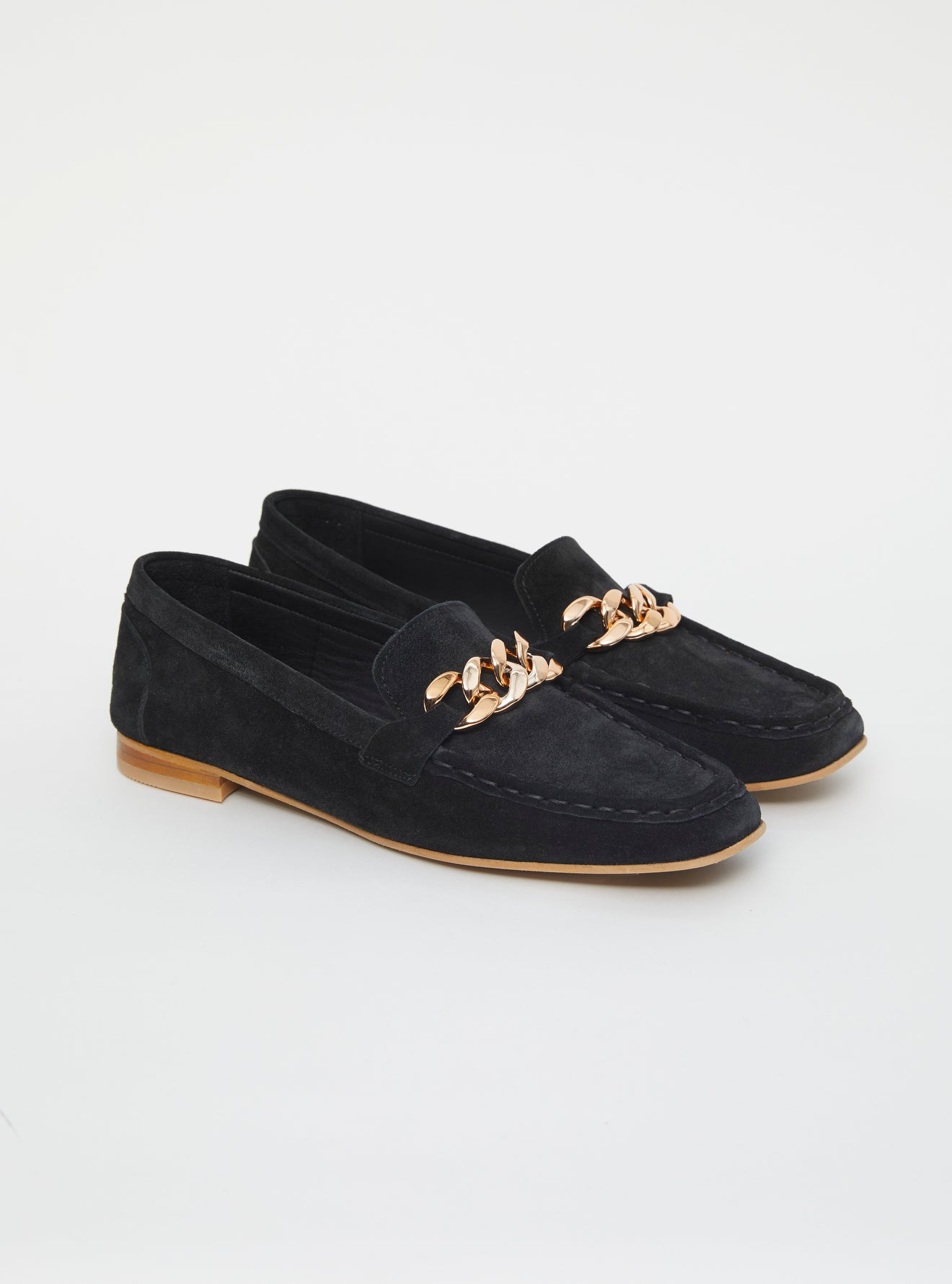 Black suede loafers 2025 with gold buckle